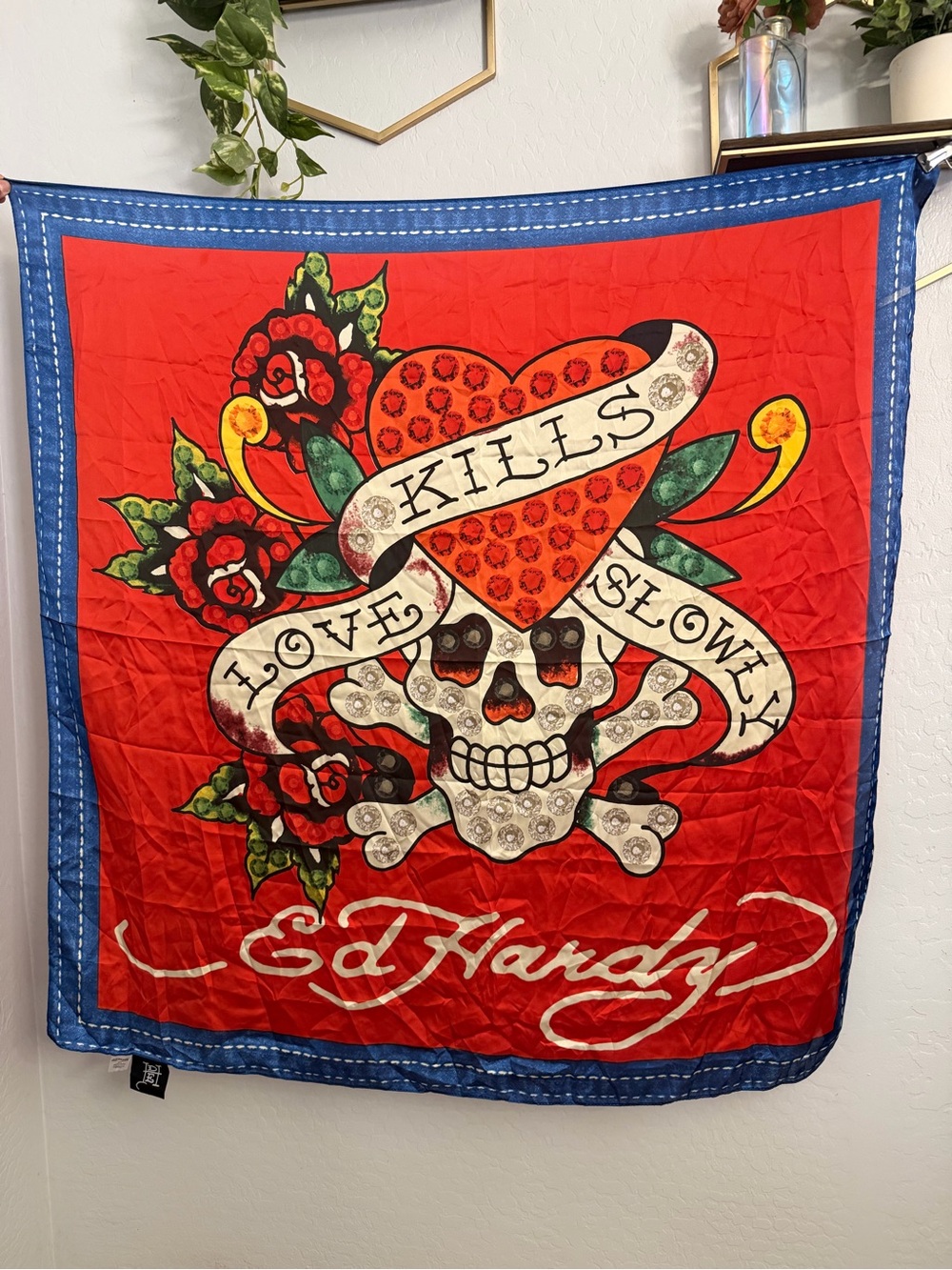 Ed Hardy Red Blue Skull & Heart Throw with Floral Accents